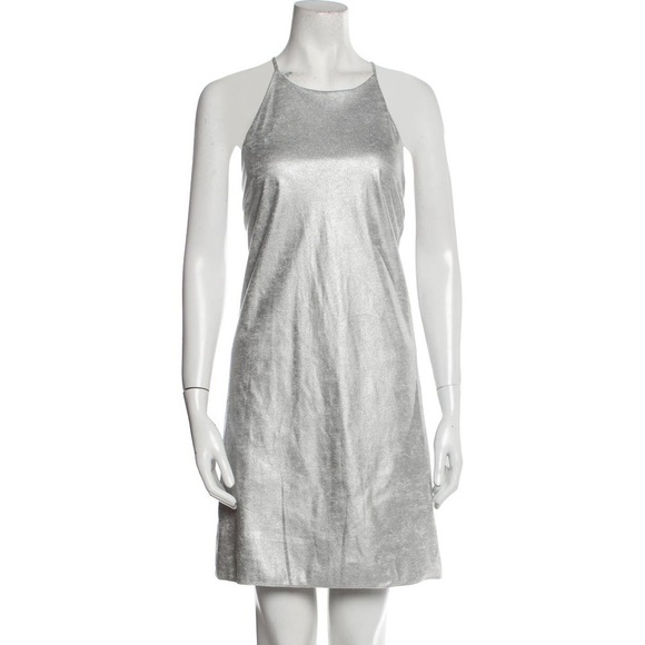 H Halston Metallic Crackle Silver High Neck Halter Mini Cocktail Dress EUC Sz 6 - Picture 1 of 12